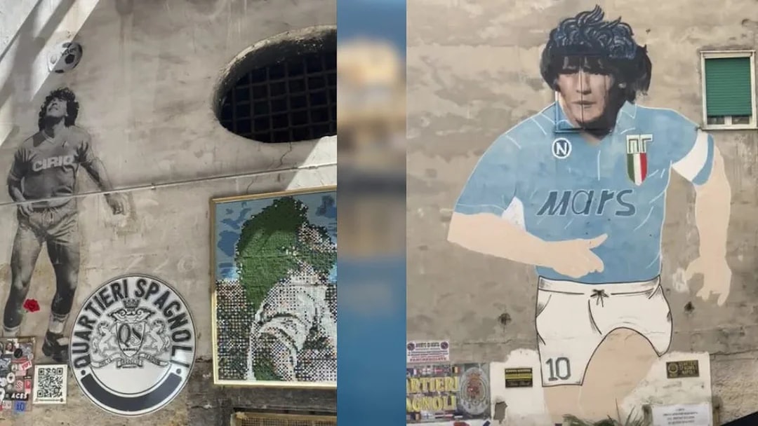 Murals of Diego Maradona in Quartieri Spagnoli, Naples, celebrating his legacy.
