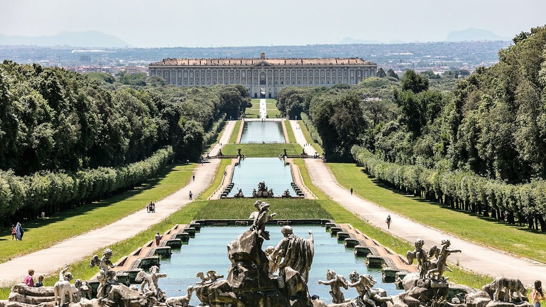 Fountain and gardens leading to Royal Palace of Caserta, Naples.