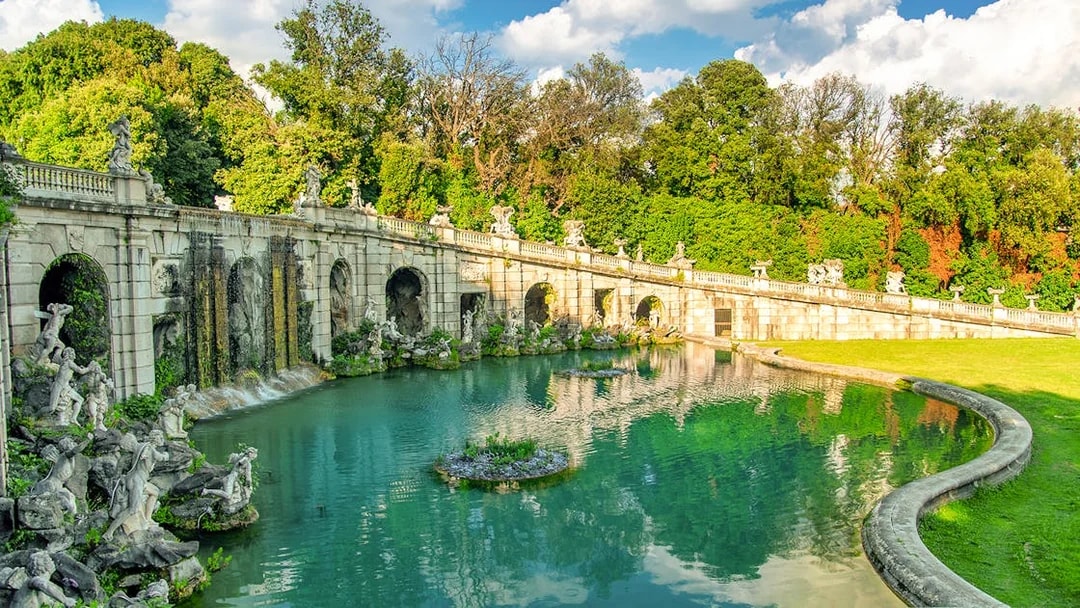 Fountains and waterfalls at the Gardens of Royal Palace of Caserta, Italy.
