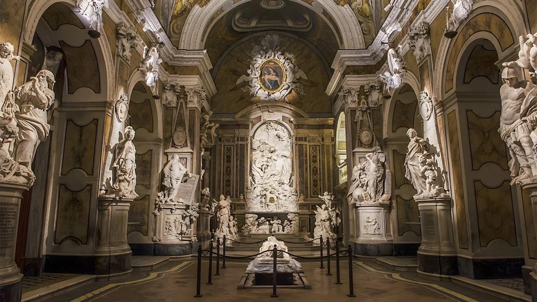 Sansevero Chapel interior with intricate marble sculptures, Naples.