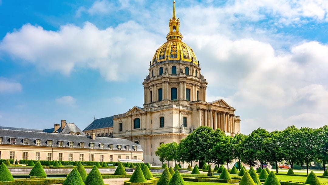 Les Invalides dome and gardens in Paris, France.