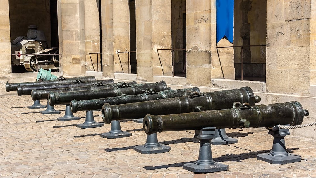 Cannons displayed in the Cour d'Honneur at Les Invalides, Paris.