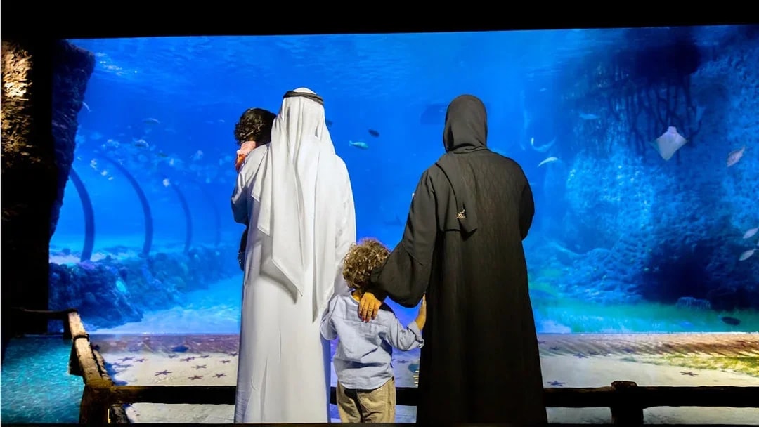 Family viewing marine life at National Aquarium Abu Dhabi.