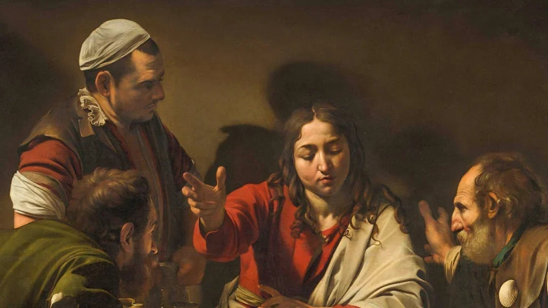 Four men engaged in conversation at a table, depicted in "Supper at Emmaus" by Michelangelo.