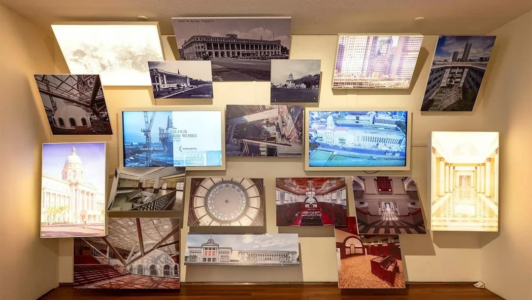 Collage of historical and architectural images inside National Gallery Singapore exhibit.