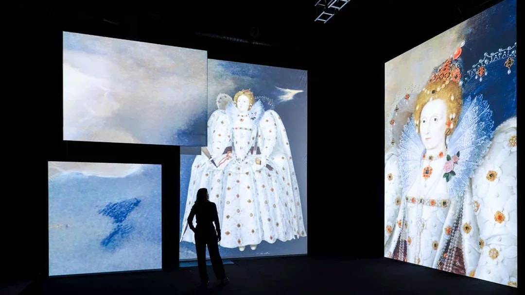 Queen Elizabeth portrait display at Frameless National Portrait Gallery, London exhibition.