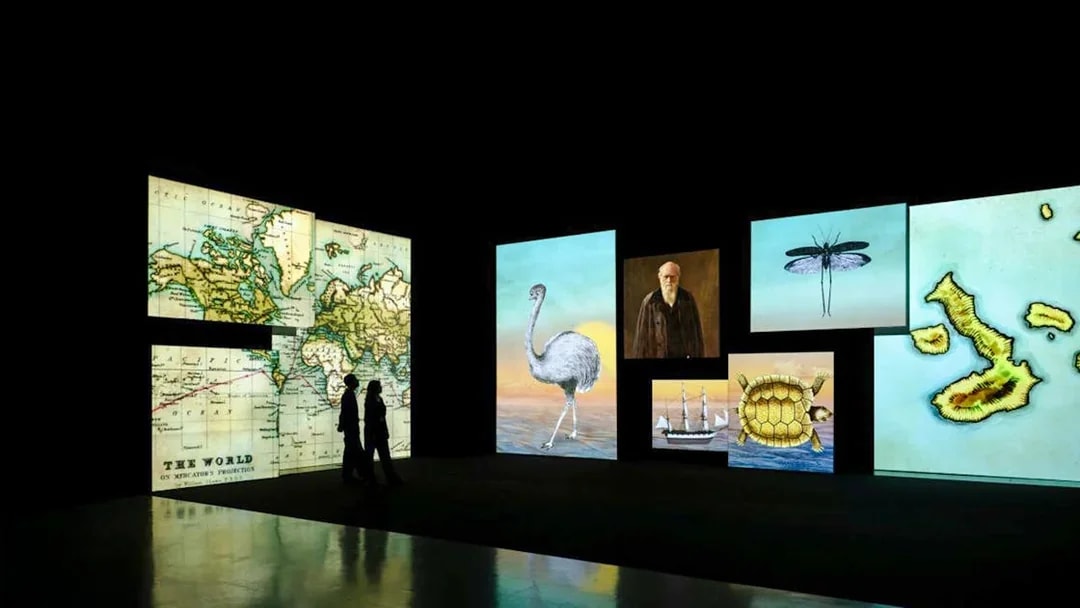 Frameless exhibition with historical portraits, world map, and diverse natural imagery.