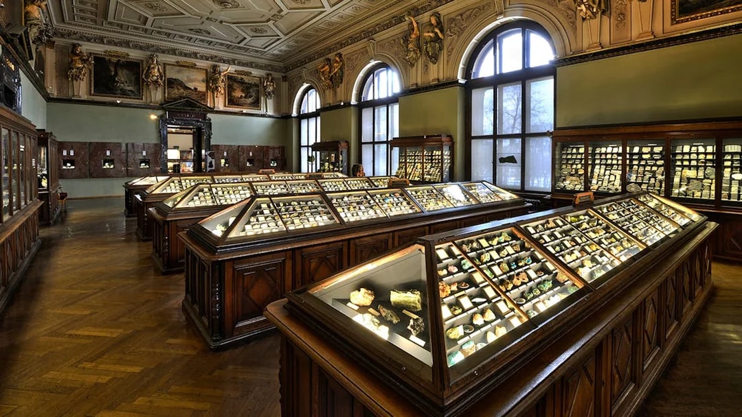 Exhibit of mineral collections inside Natural History Museum Vienna.