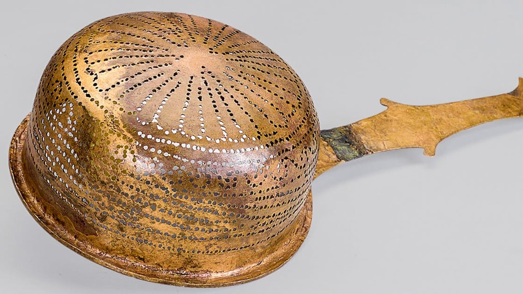 Bronze strainer from the Barbarian Treasure of Neupotz exhibit.