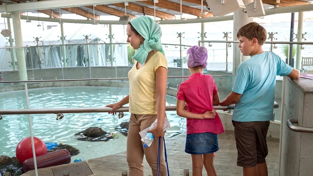 Family observing marine exhibit at Boston aquarium, part of Boston CityPASS® tour.