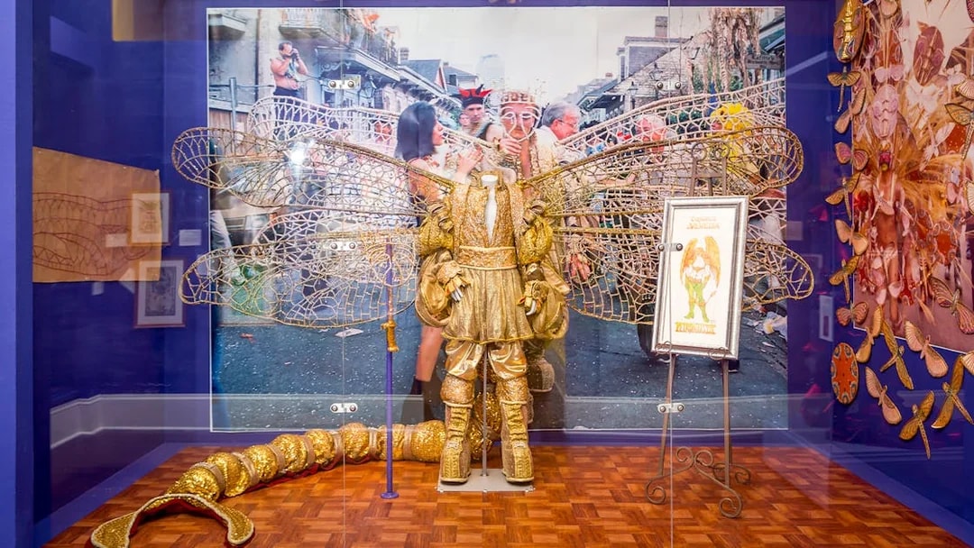 Mardi Gras costume display at a New Orleans museum, featuring intricate gold and winged design.
