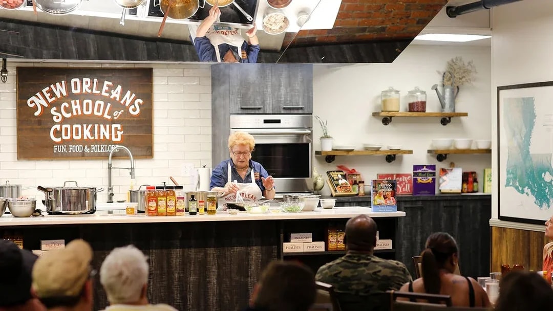New Orleans cooking class demonstration at New Orleans School of Cooking.