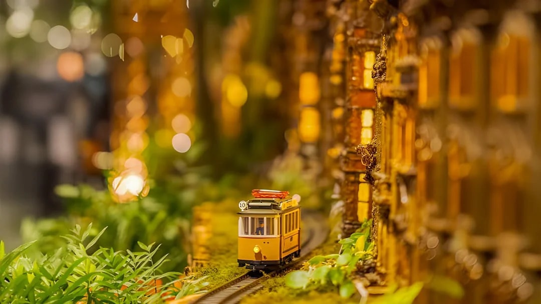 Miniature train on a track surrounded by plants at New York Botanical Gardens.