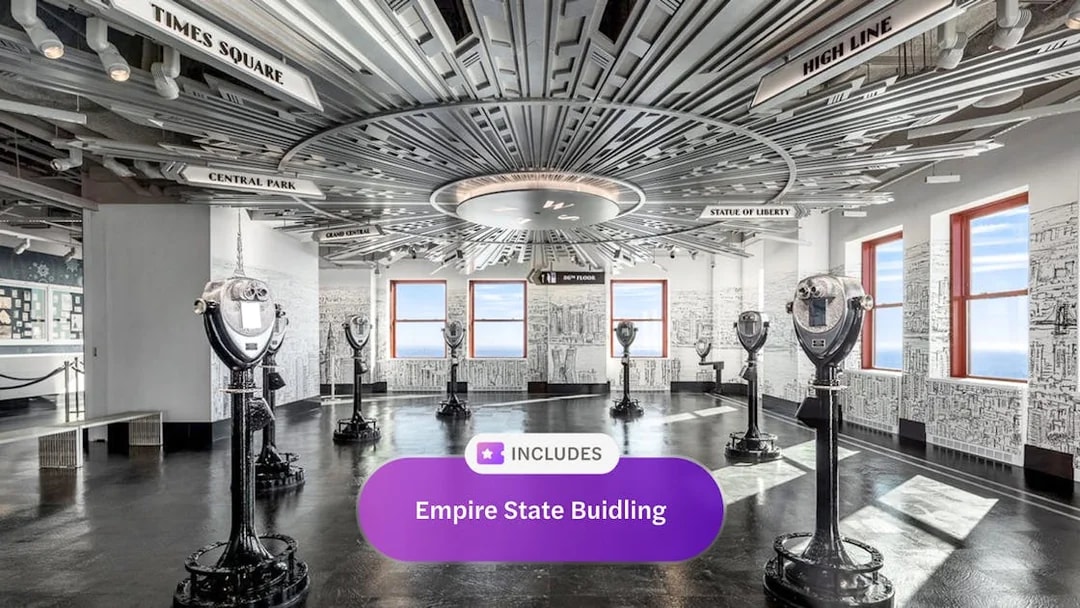 Empire State Building observatory interior with viewing binoculars and cityscape decor.