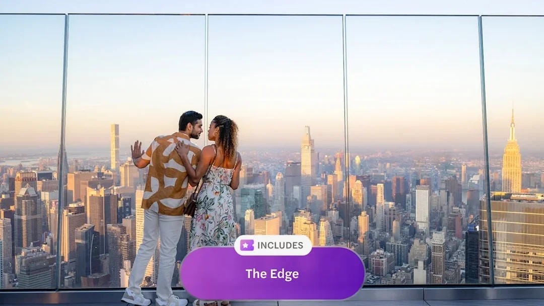 Couple enjoying New York City skyline view from Edge at Hudson Yards.