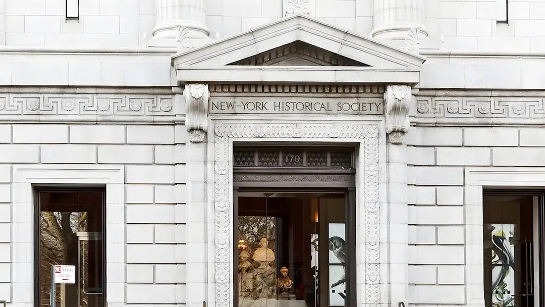 New York Historical Society entrance with ornate architectural details.
