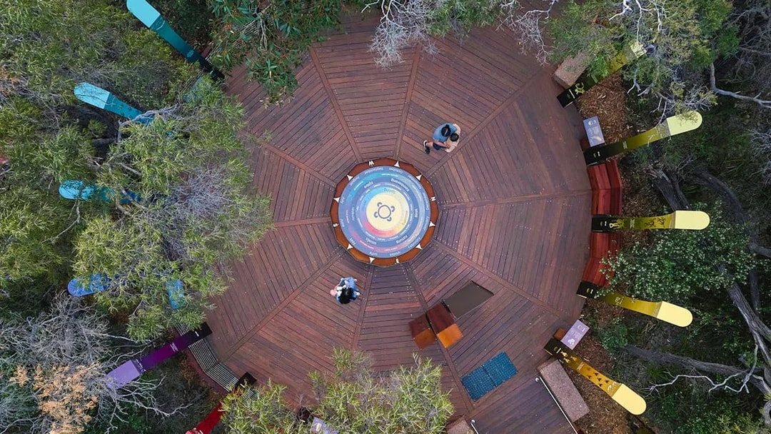 Aerial view of Ngilgi Cave Ancient Lands Experience platform with colorful directional markers.