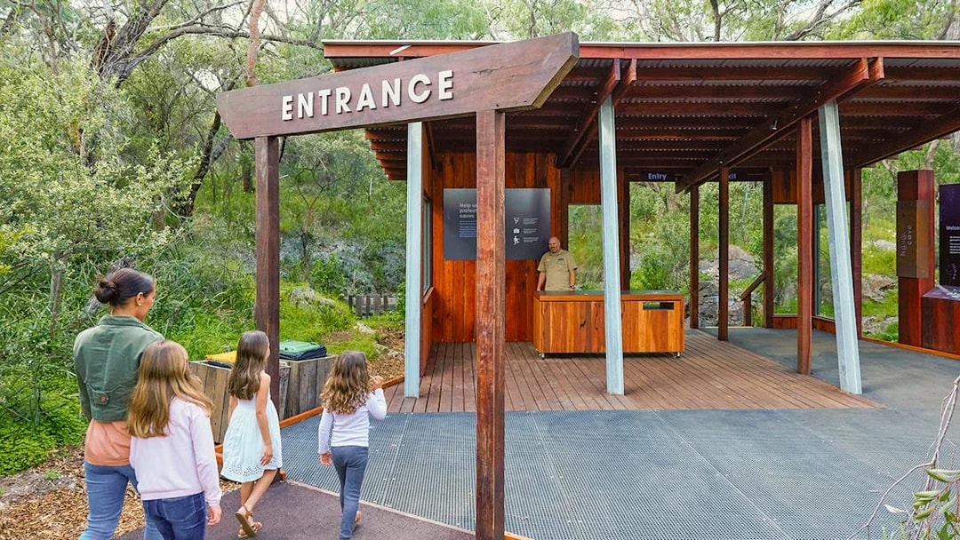 Visitors entering Ngilgi Cave Ancient Lands Experience in Australia.