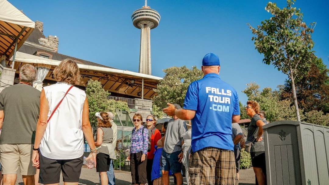 Group on guided tour near Skylon Tower, Niagara Falls.