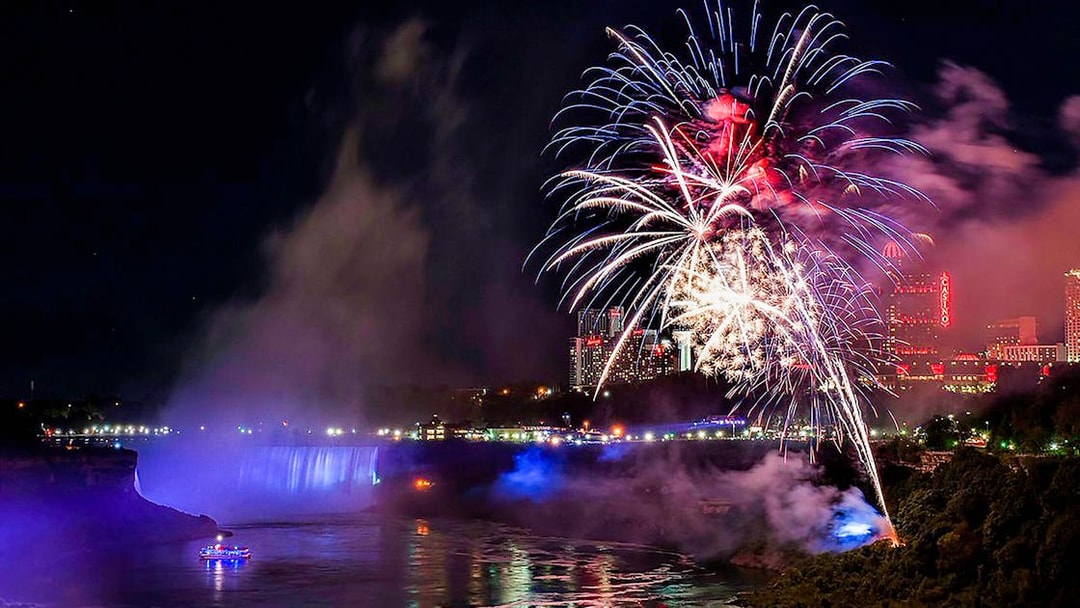 Fireworks display over Niagara Falls at night with city lights in the background.