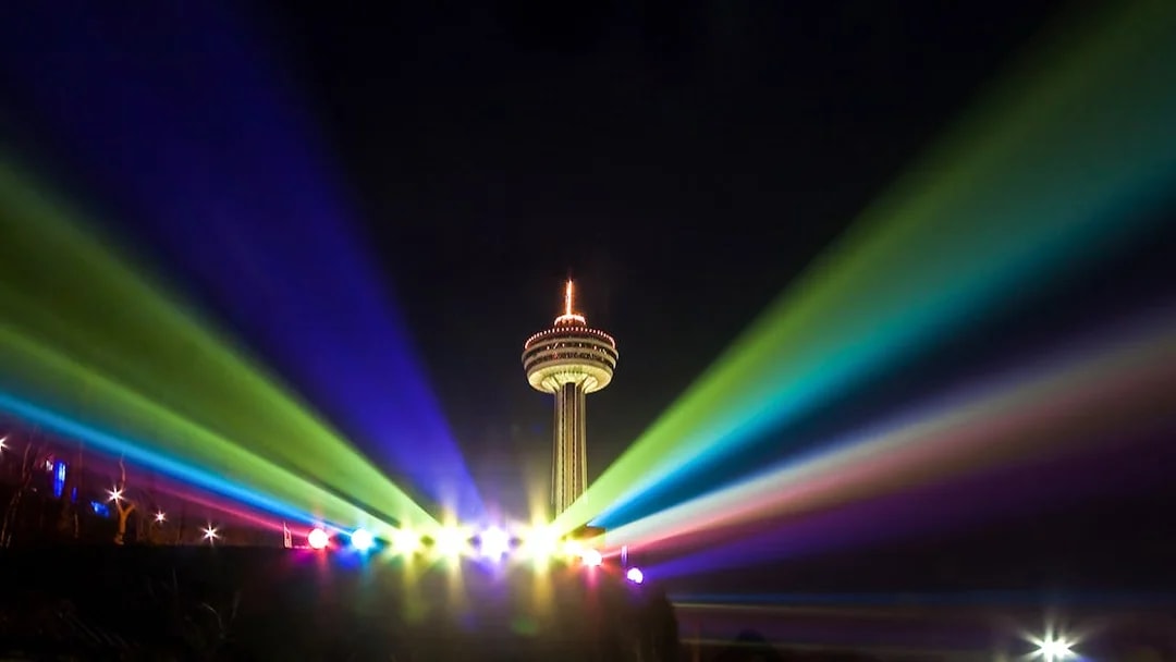 Skylon Tower illuminated by colorful lights during the Festival of Lights, Niagara Falls, Ontario.