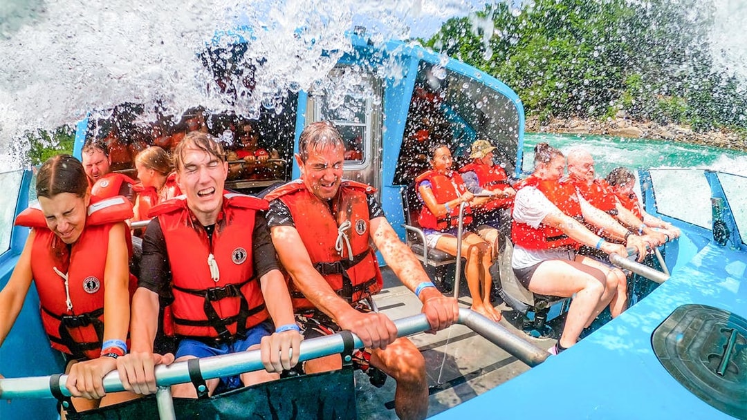 Guests enjoying the Freedom jet boat tour in the Niagara River Gorge, Niagara, Canada.