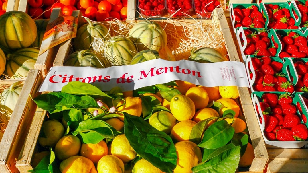 Menton lemons and fresh produce at a market in the Italian Riviera.
