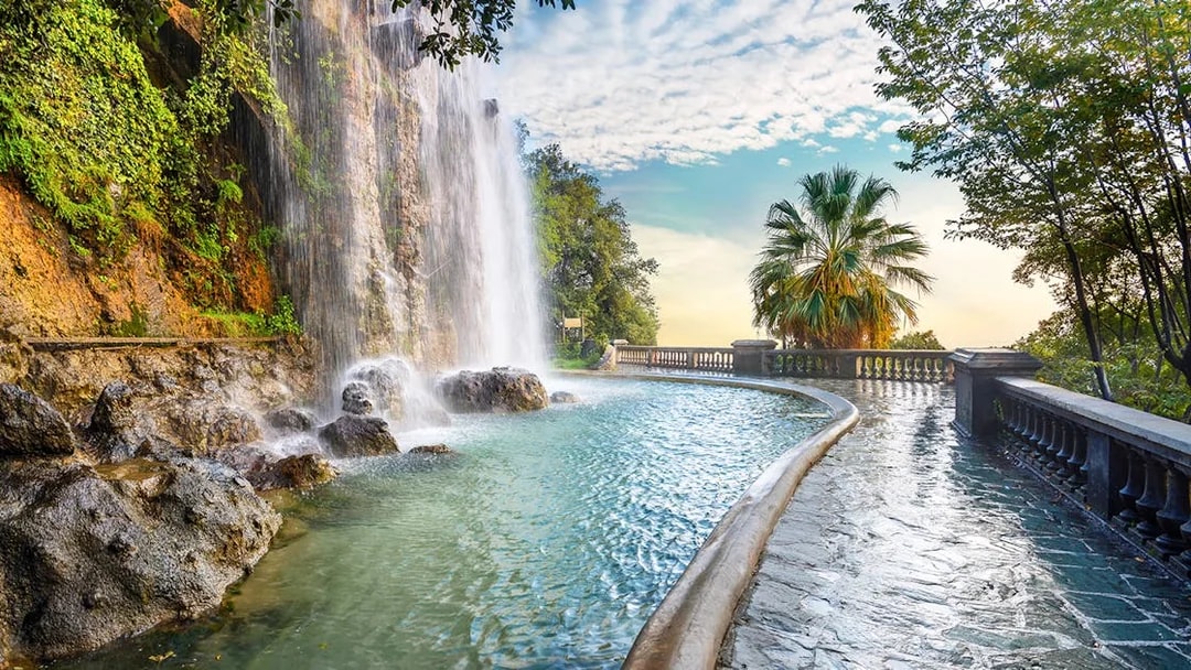 Waterfall and walkway at Parc de la Colline du Chateau, Nice.