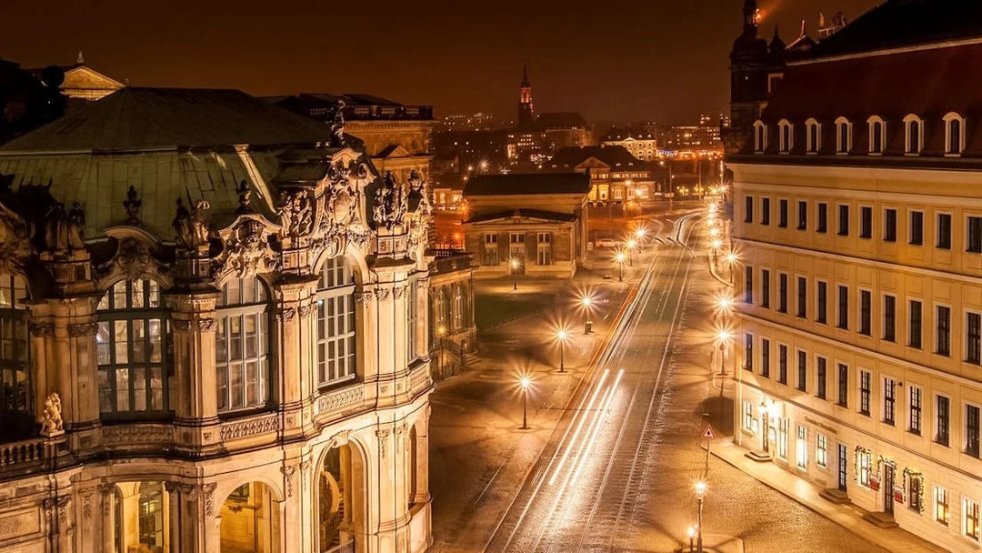 Dresden cityscape illuminated at night during Night Watchman Guided Tour.
