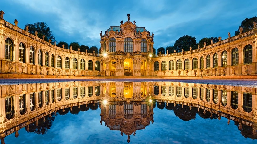 Zwinger Palace in Dresden reflected in a pool during a private guided tour.