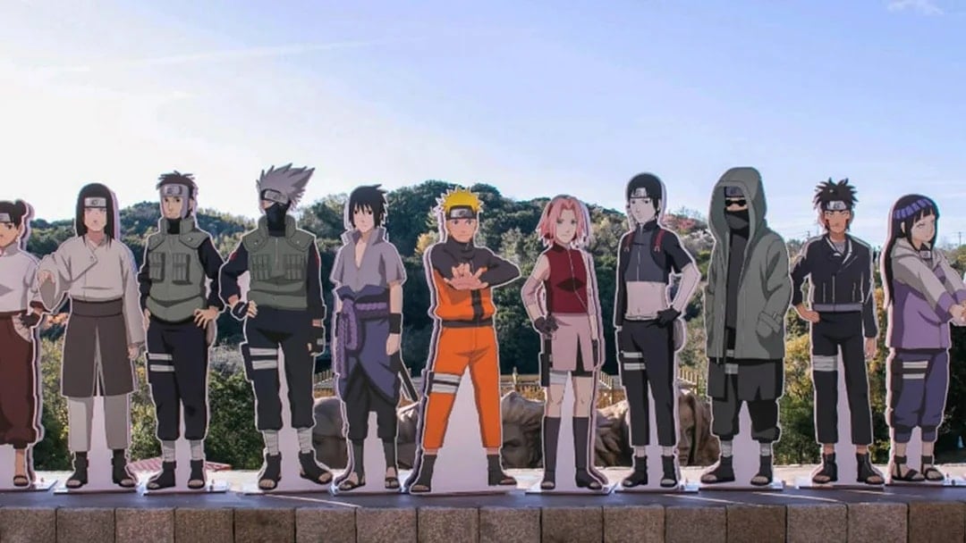 Cardboard cutouts of Naruto characters at Nijigen No Mori Theme Park.