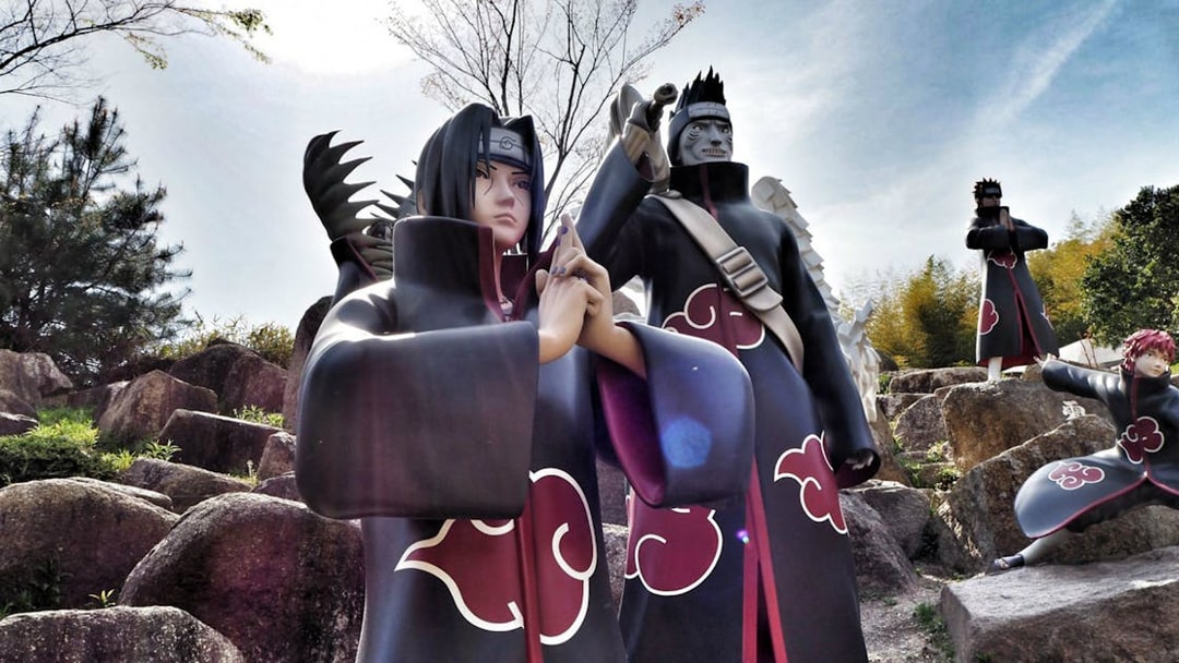 Nijigen No Mori Theme Park statues of Naruto characters in Shinobi-zato area.