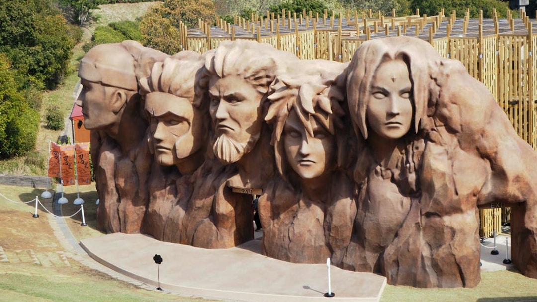 Nijigen No Mori Theme Park entrance with Naruto character sculptures in Japan.