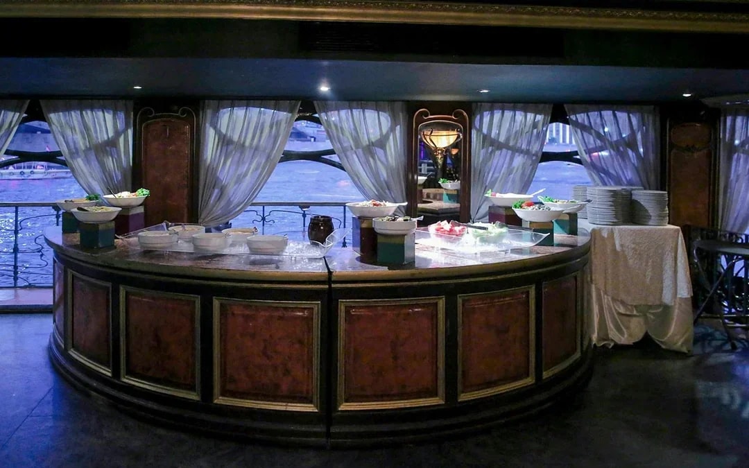 Buffet setup in dining area on Luxury Nile Dinner Cruise.
