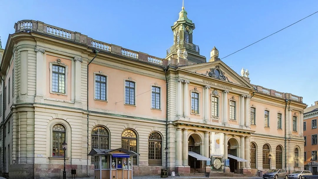 Nobel Prize Museum building in Stockholm, Sweden, with classical architecture.