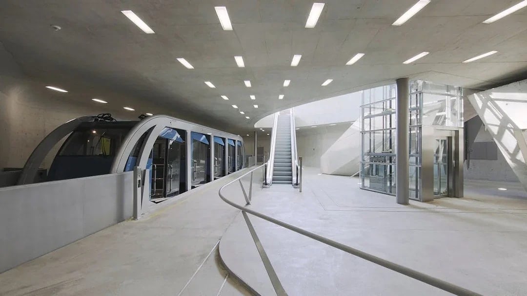 Funicular station interior at Top of Innsbruck PLUS, Austria.