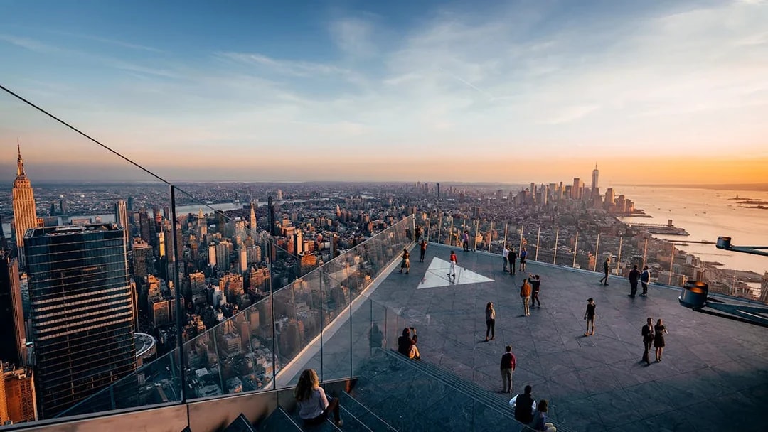 Eastern view of New York City skyline from Edge Observation Deck at sunset.