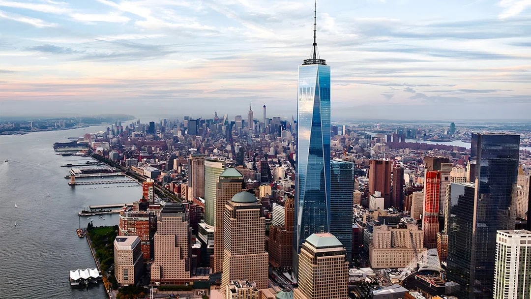 One World Observatory towering over New York City skyline.