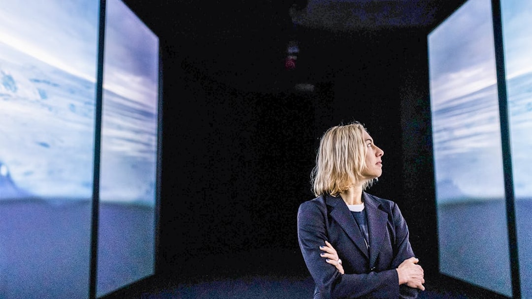 Person observing ocean-themed displays at Lisbon Oceanarium.