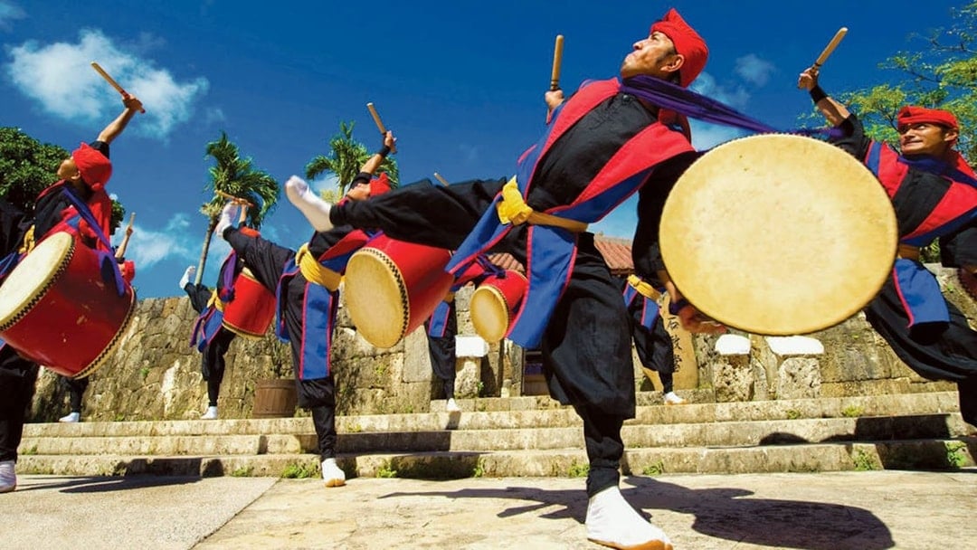 Traditional Eisa drummers performing at Okinawa World, Japan.
