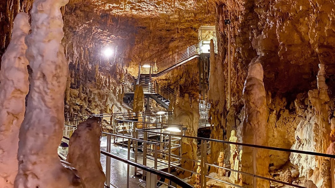 Stalactites and stalagmites inside Gyokusendo Cave at Okinawa World, Japan.