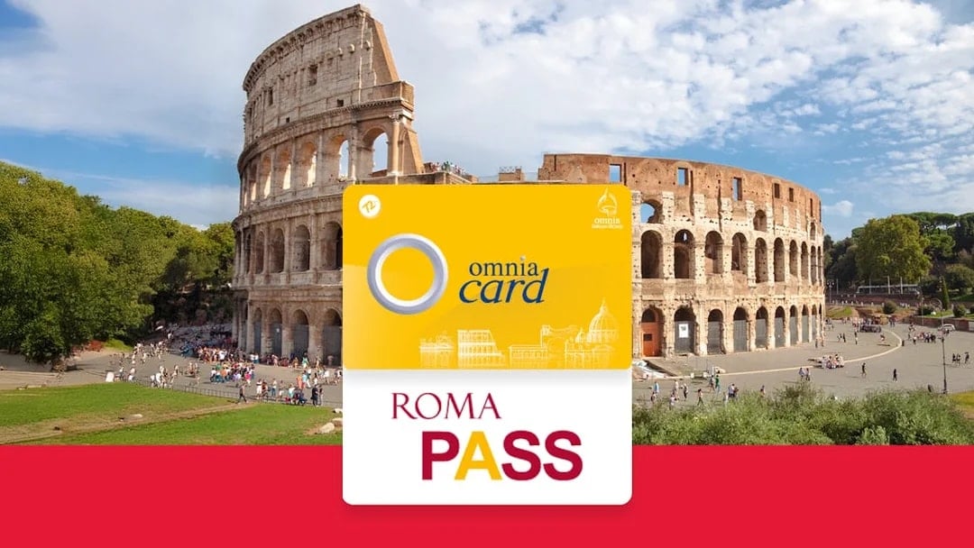 Omnia Card and Roma Pass in front of the Colosseum, Rome.