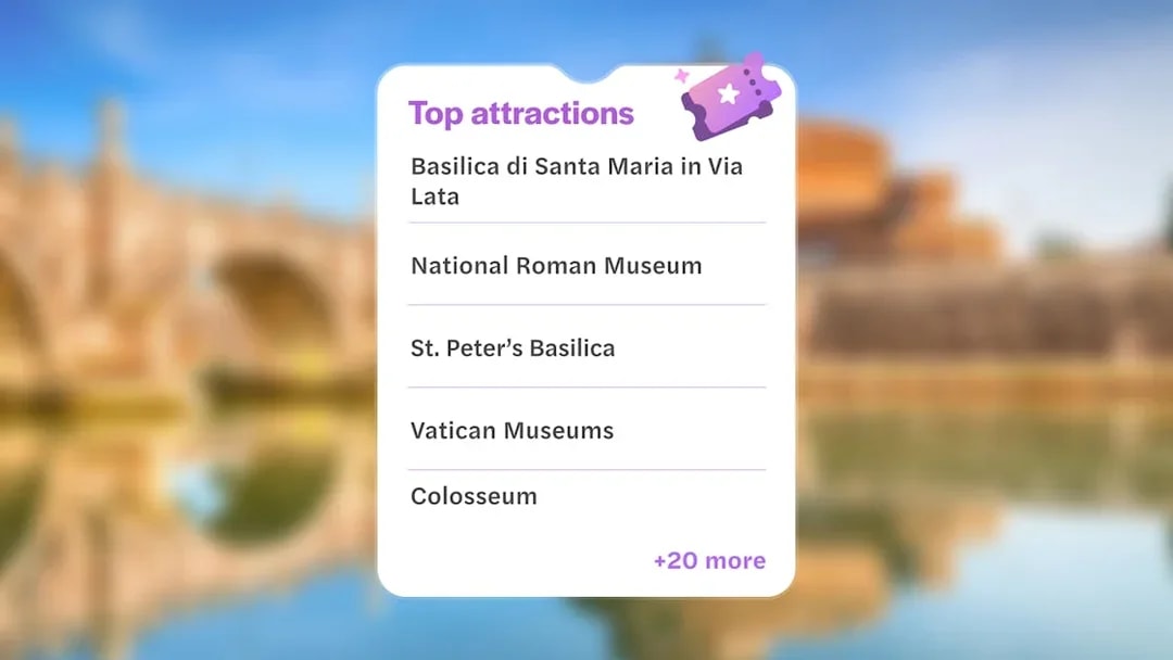 Top attractions in Rome: Basilica di Santa Maria, National Roman Museum, St. Peter’s Basilica, Vatican Museums, Colosseum.