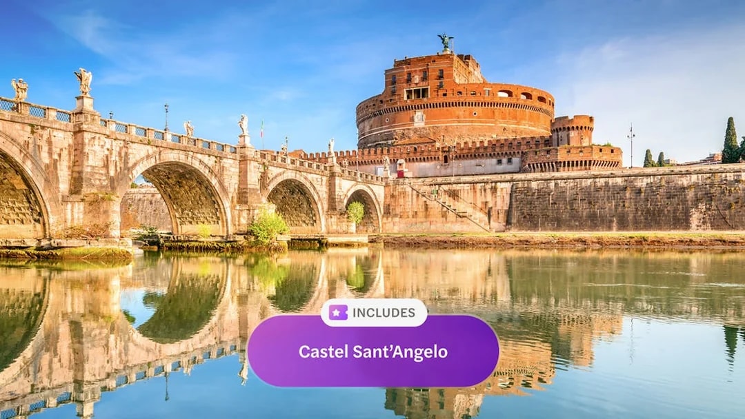 Castel Sant'Angelo and Ponte Sant'Angelo reflected in the Tiber River, Rome.