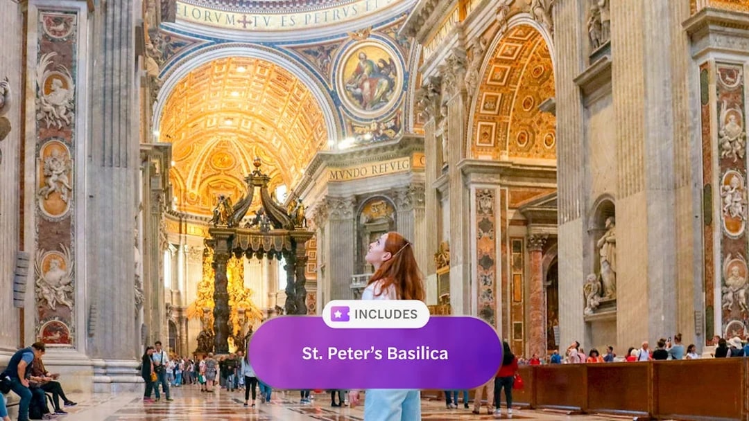 Tourists inside St. Peter's Basilica, Rome, admiring ornate architecture.