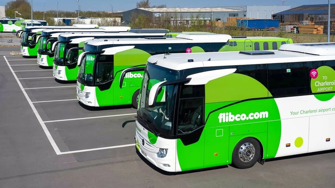 Flibco shuttle buses parked for Charleroi airport transfer.
