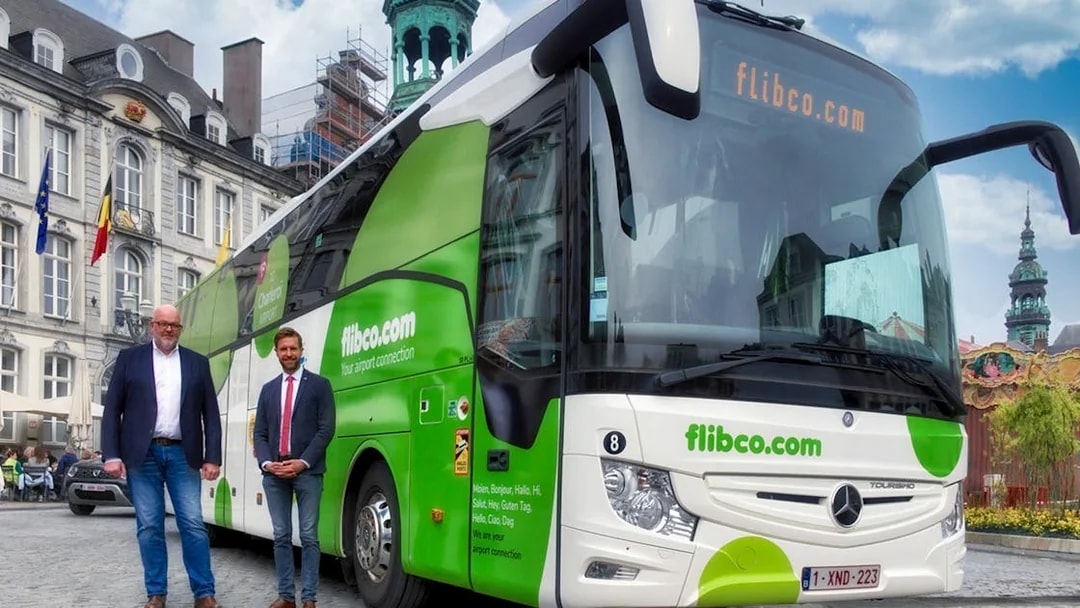 Flibco bus at Charleroi Airport for transfer to Brussels.