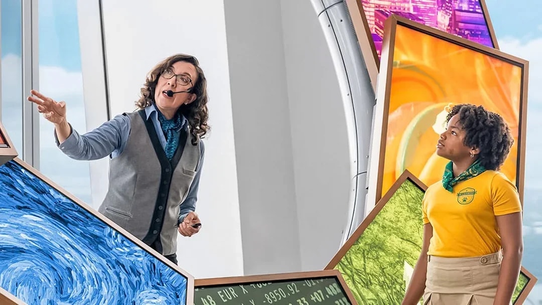 Guide explaining exhibits at One World Observatory VIP Tour, New York City.