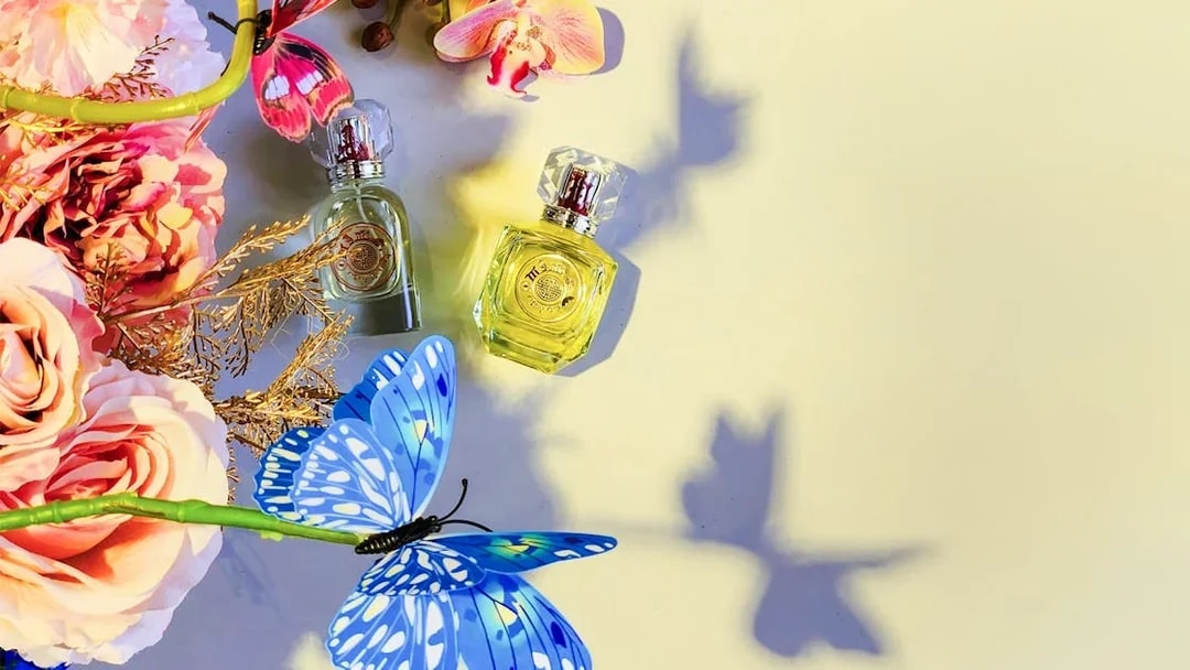 Floral arrangement and perfume bottles at Scentopia Sentosa, Singapore.