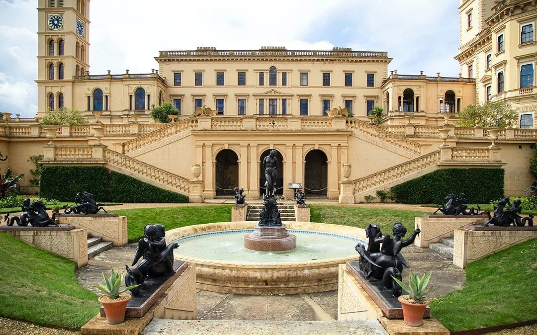 Osborne House garden with fountain and statues, Isle of Wight.